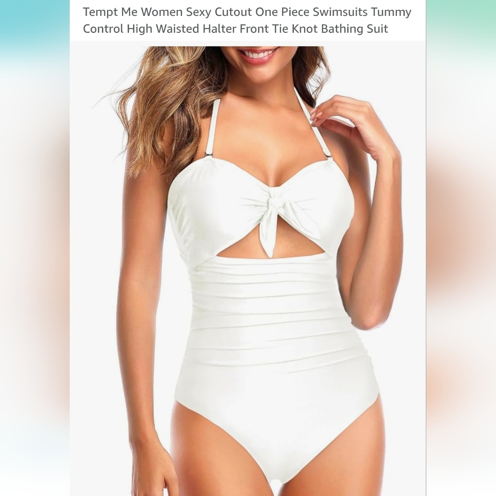 NWT Womens Large White Halter Classic Retro Tie-Front Swimsuit‎